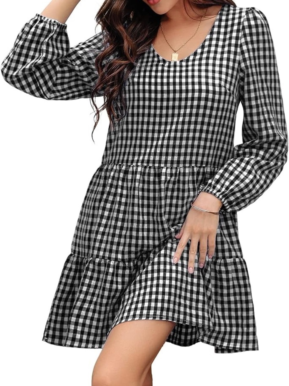 SHIBEVER Black & White Gingham Plaid Tiered Mini Long Sleeve Dress medium